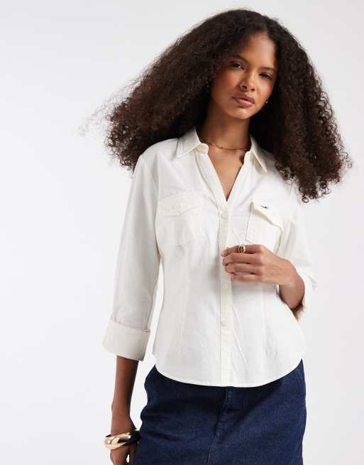 Hollister 3/4 sleeve cinched shirt in white, 3 of 4