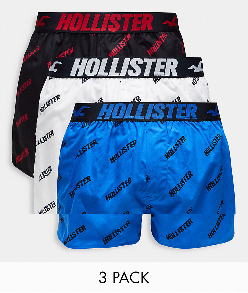 Hollister 3 pack all over logo and plain woven boxers in multi