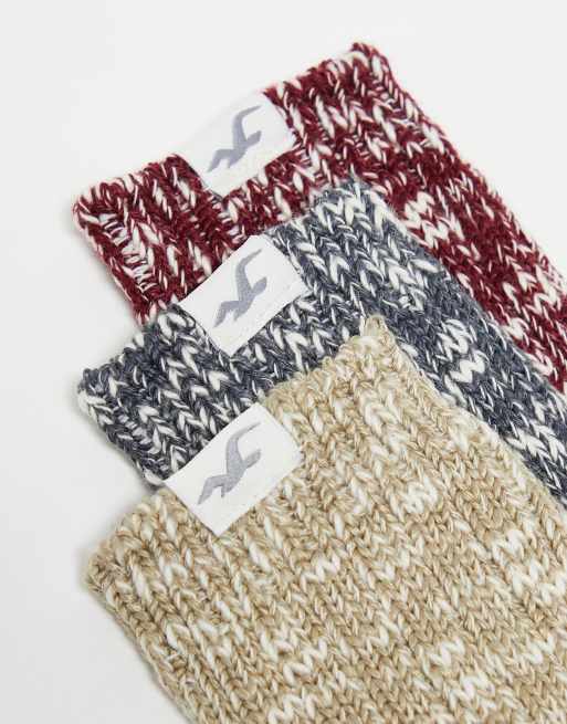 Hollister 3 pack camp cozy marl crew socks in grey cream red