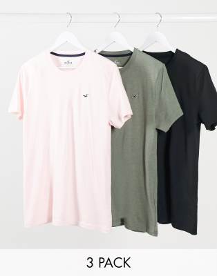 Hollister 3 pack crew neck t shirt seagull logo slim fit in pink