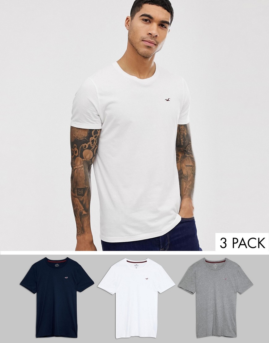 Hollister 3 pack crew neck t-shirt seagull logo slim fit in white/grey/navy-Multi