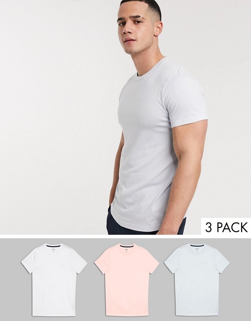 Hollister 3 pack crew neck t-shirt seagull logo slim fit in white/light blue/peach exclusive