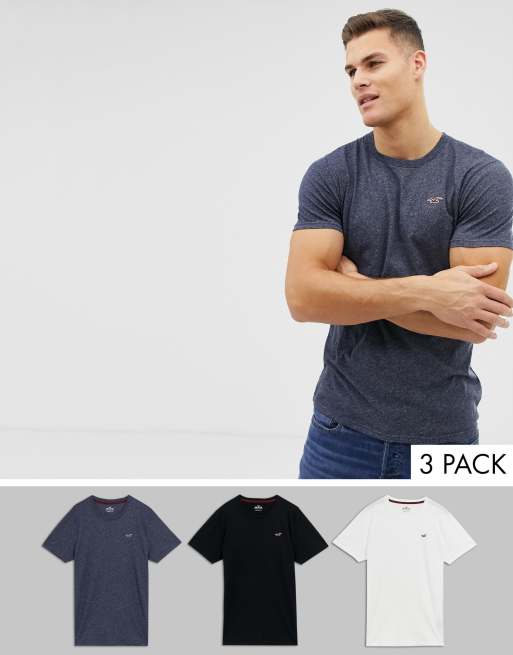 Hollister 3 pack crew neck t shirt seagull logo slim fit in white