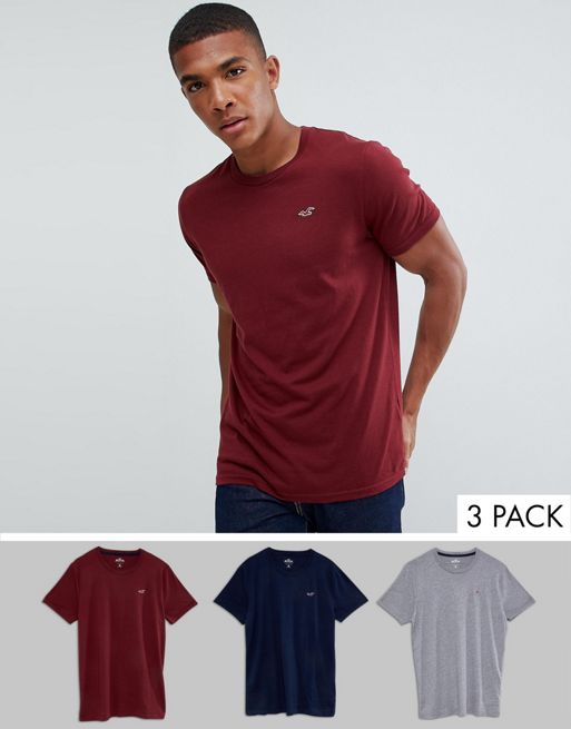 Hollister 3 pack crewneck t-shirt seagull logo slim fit in  grey/burgundy/navy