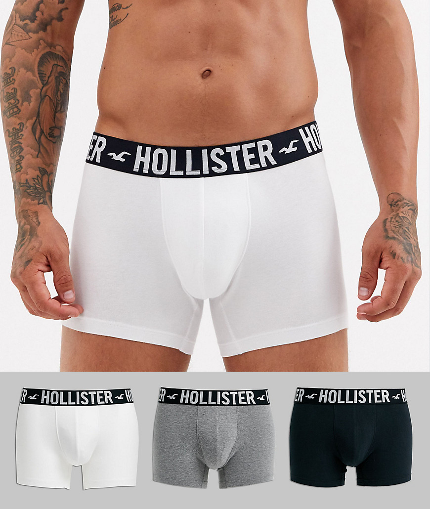 Hollister – 3-pack enfärgade trunks med midjeresår och logga i vit/svart/grå-Flerfärgad