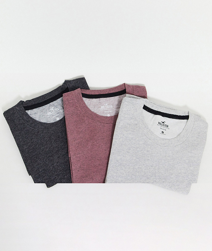 Hollister – 3-pack grå, rosa och svart t-shirt med rund halsringning, smal passform, melerad finish och fiskmåslogga-Flerfärgad