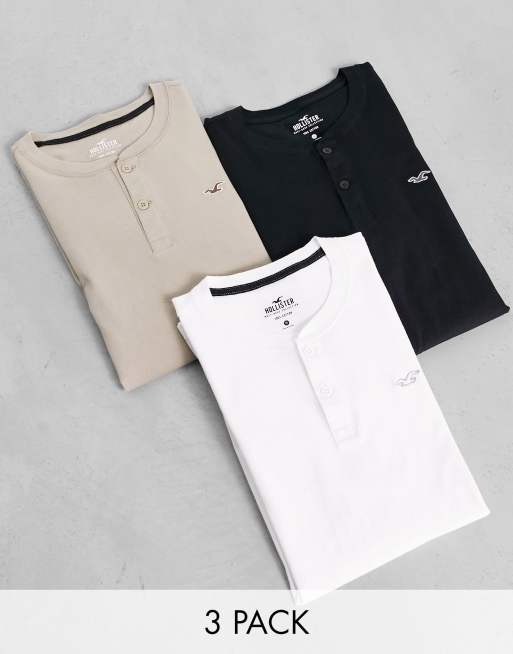 Hollister 3 pack icon logo henley t-shirt in white/tan/black | ASOS