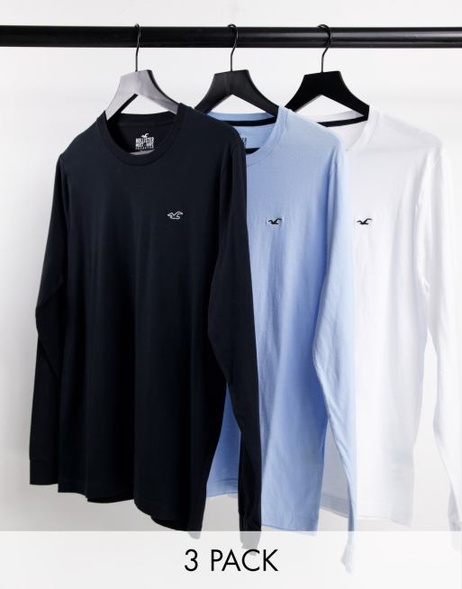 Hollister 3 pack long sleeve T-shirts in black, blue, white with logo