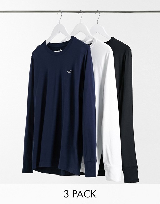 Hollister 3 pack icon logo long sleeve top in white/black/charcoal marl