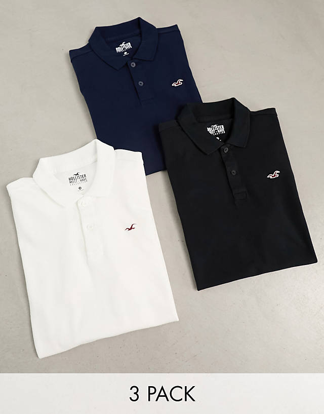 Hollister - 3 pack icon logo slim fit pique polo in white/navy/black