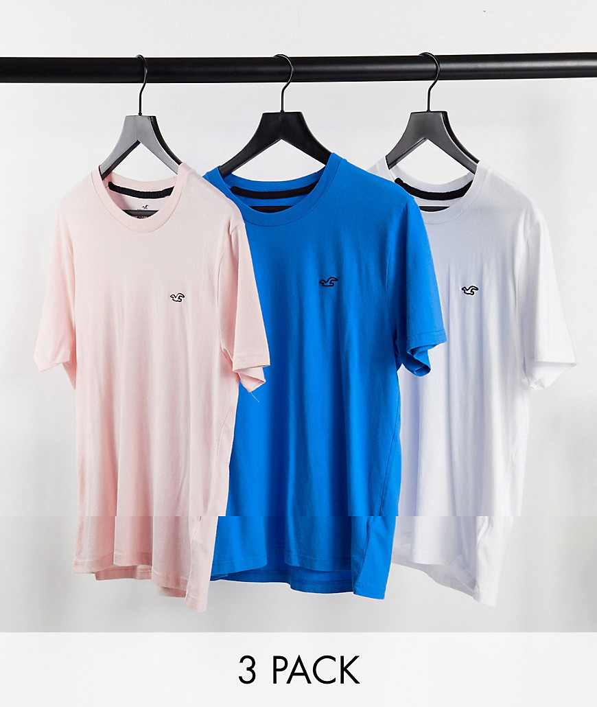 Hollister 3 pack icon logo t-shirt in blue/pink/white-Multi