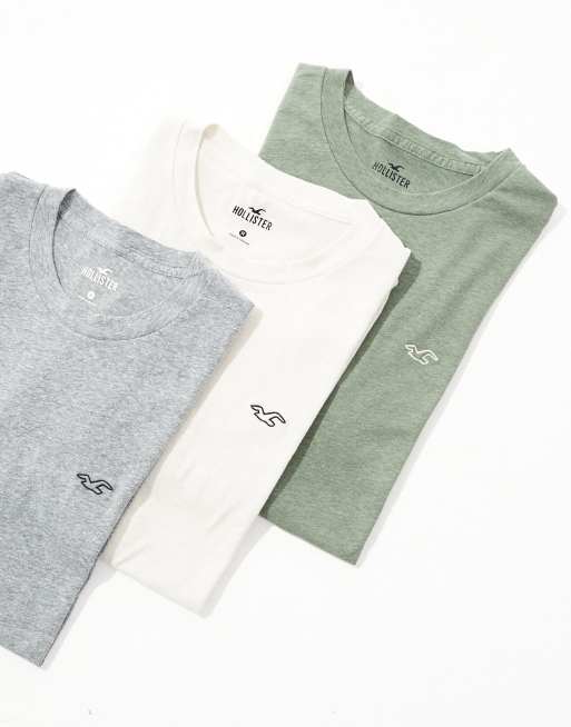 Hollister 3 pack icon logo t-shirt in green/grey/cream marl, 2 of 4