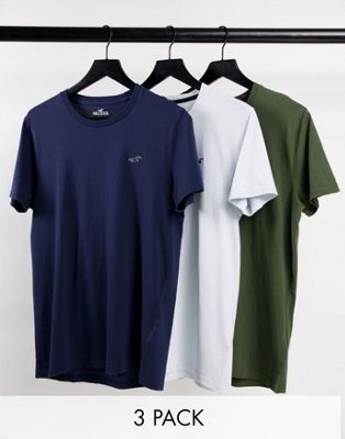 Hollister 3 pack icon logo t-shirt in navy/green/blue