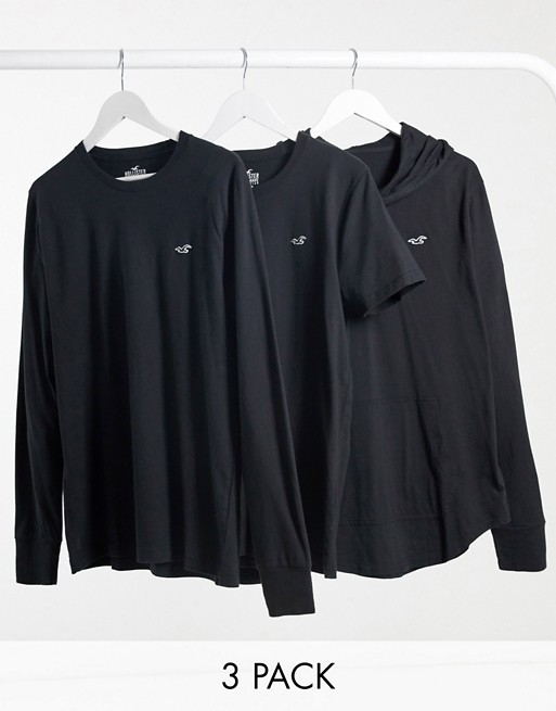 Hollister 3 pack icon logo t-shirt/long sleeve top and hoodie in black