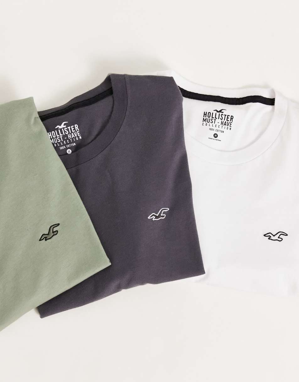 Hollister 3 pack icon outline logo t-shirt in white/green/grey 0