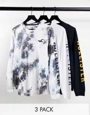 Hollister 3 pack iconic logo print long sleeve top in white/black/acid wash - ASOS Price Checker