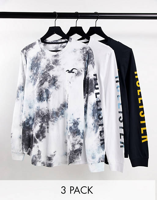 Hollister 3 pack iconic logo print long sleeve top in white/black/acid wash