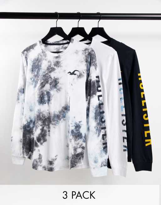 Hollister 3 pack iconic logo print long sleeve top in white black