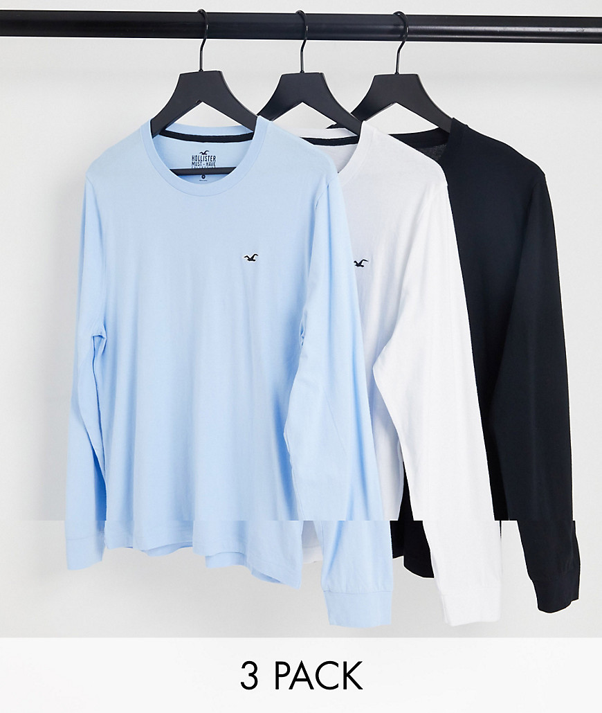 Hollister 3 pack long sleeve T-shirts in black, blue, white with logo-Multi