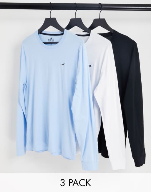 Hollister 3 pack icon logo long sleeve top in black/white/blue