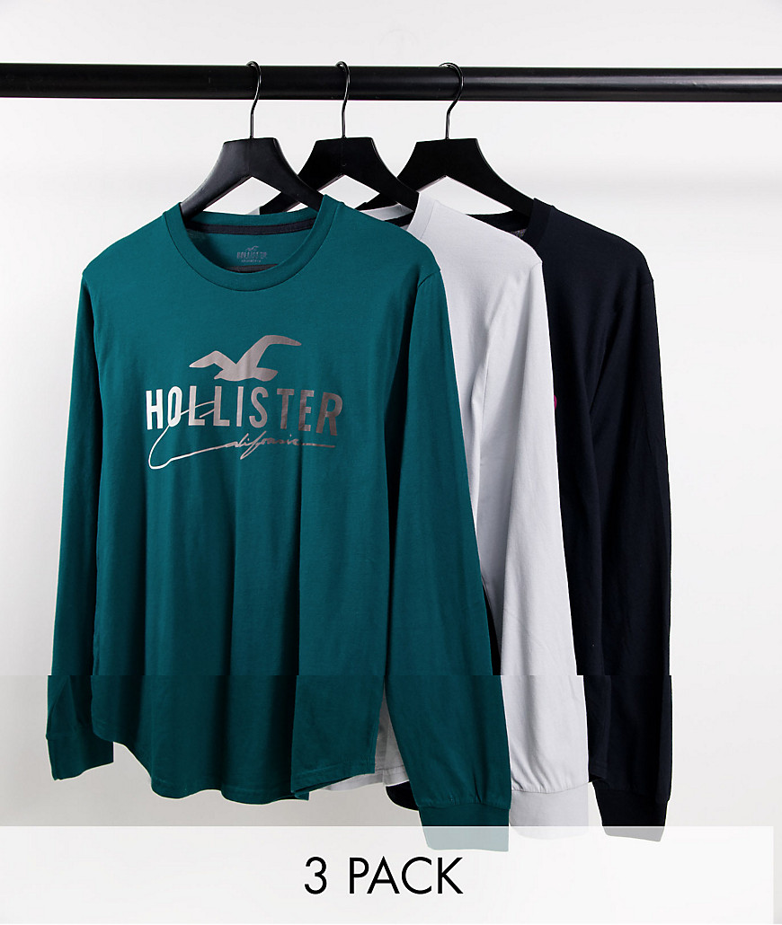 Hollister 3-pack long sleeve T-shirts in black, green and gray with chest logo-Multi