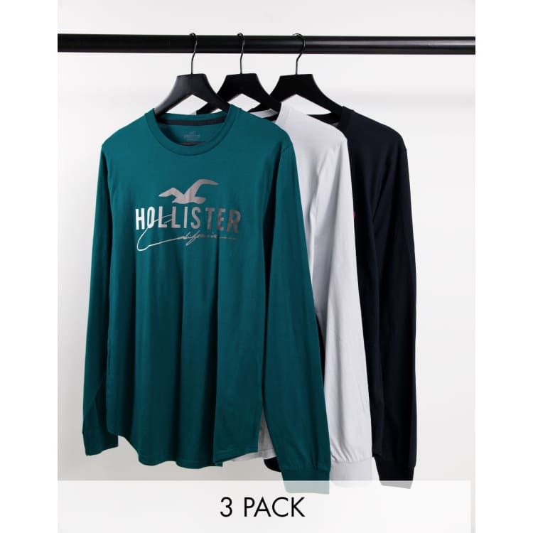 Hollister 3-pack long sleeve T-shirts in black, green and gray with chest  logo