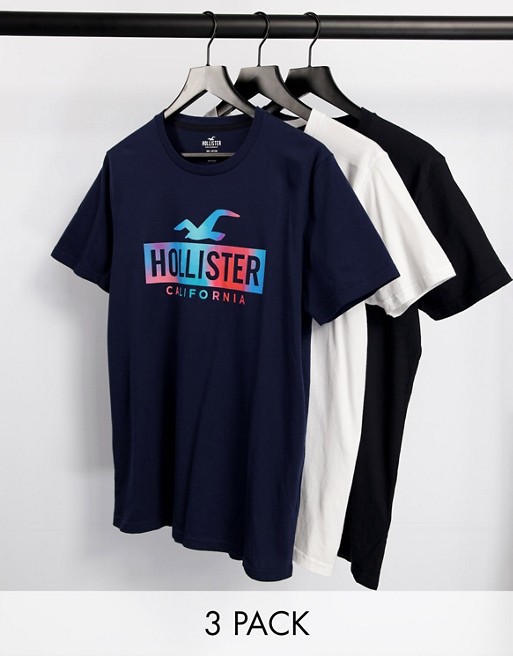 Hollister 3 pack ombre box logo t-shirt in white/navy/black