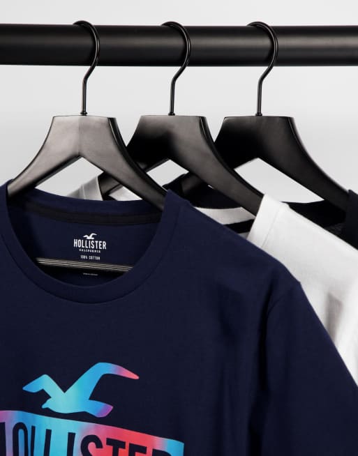 Hollister 3 pack ombre box logo t shirt in white navy black