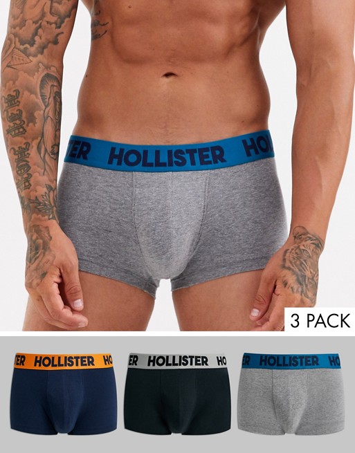 Hollister 3 pack plain short length trunks contrast logo waistband in grey/navy/black
