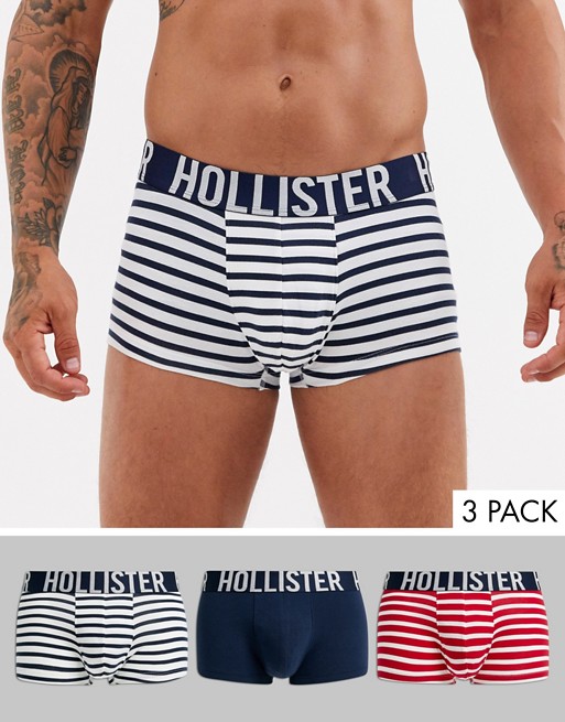 Hollister 3 pack plain/stripe trunks logo waistband in red/navy stripe/navy plain
