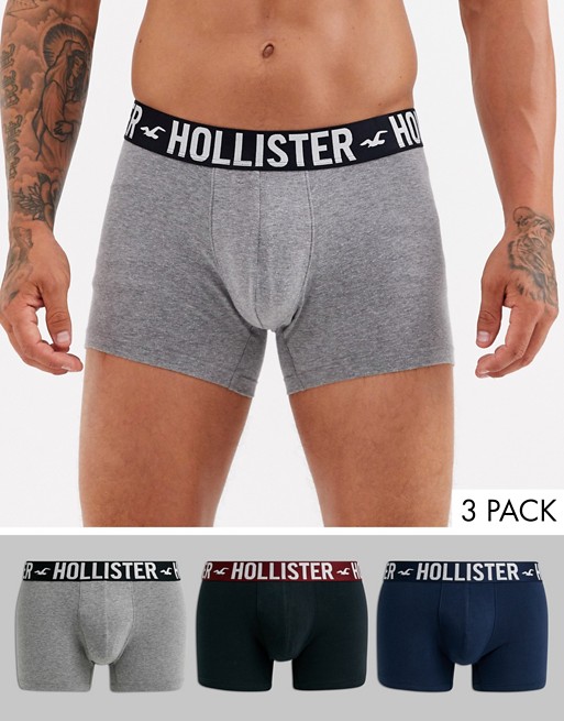 Hollister 3 pack plain trunks logo waistband in black/grey/navy