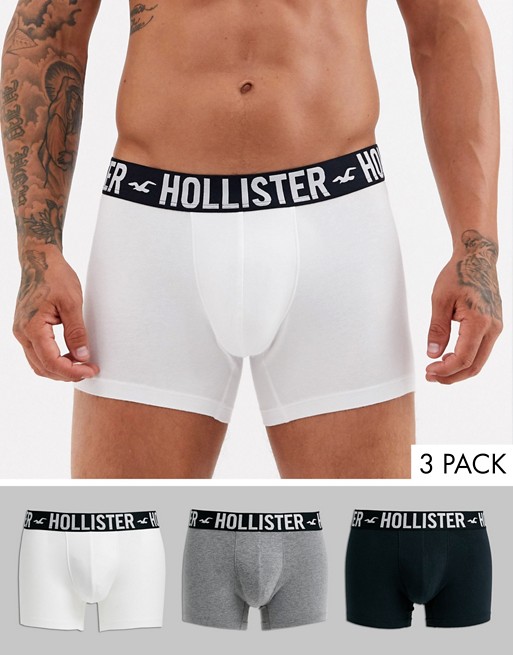 Hollister 3 pack plain trunks logo waistband in white/grey/black