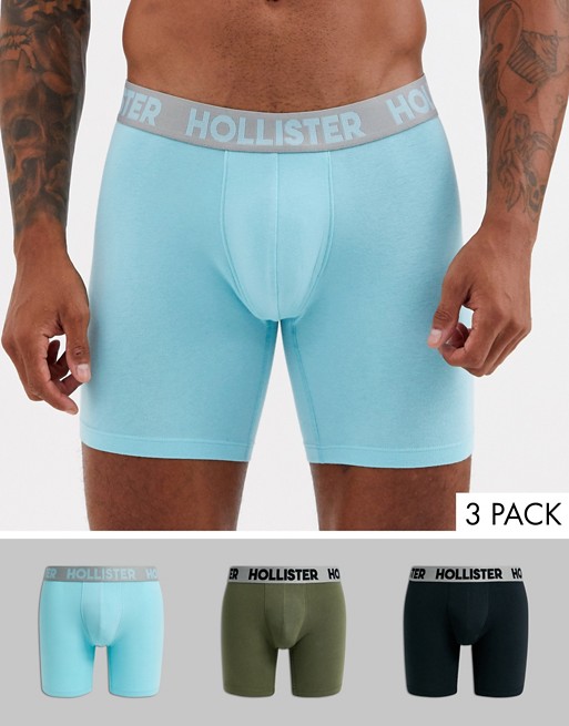 Hollister 3 pack plain trunks silver logo waistband in green/black/light blue