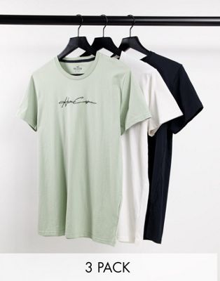 Hollister 3 pack script tech logo t-shirt in white/green/black