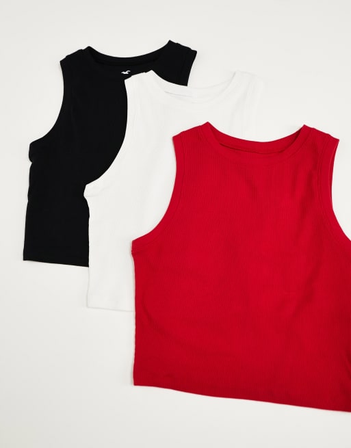 Hollister 3 pack singlet in white, black and red