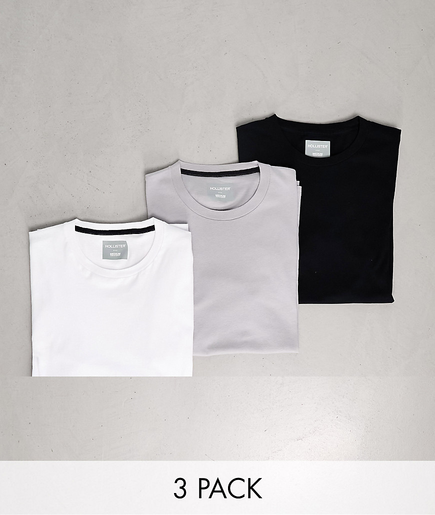 Hollister 3 pack slim fit crew neck small logo t-shirt in white/grey/navy-Multi
