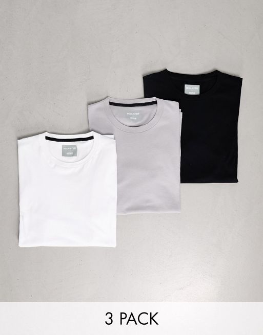 Hollister 3 pack slim fit crew neck small logo t-shirt in white/grey ...