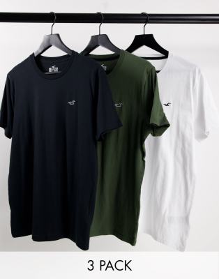 Hollister 3 pack t-shirts in white, green, black with logo