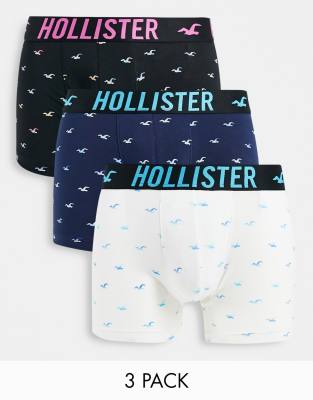 Hollister 3 pack trunks all over icon logo  in white/navy/black - ASOS Price Checker