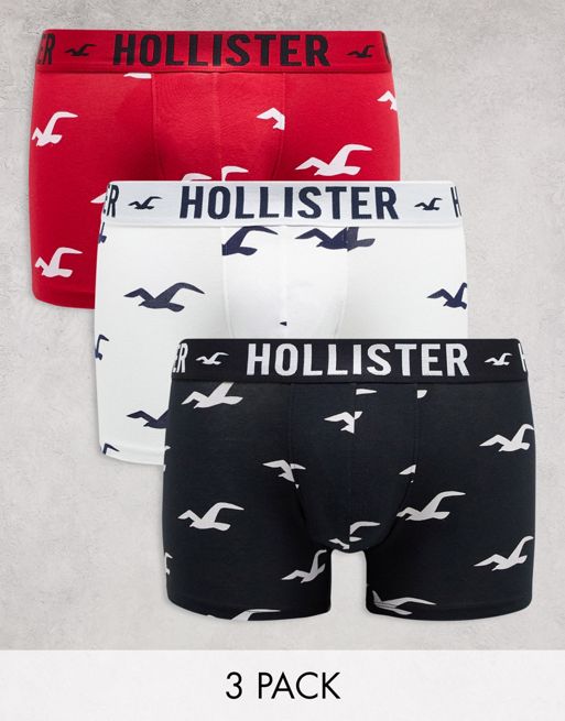 Hollister 3 pack trunks all over icon logo in white/red/black | ASOS