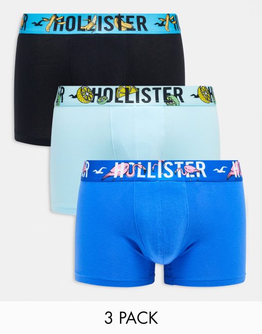 Hollister 3 pack trunks conversational logo waistband in black/light & mid blue