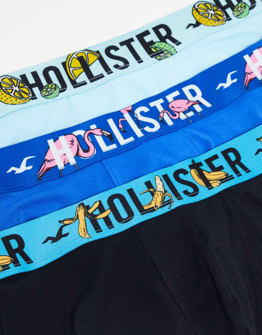 Hollister 3 pack trunks conversational logo waistband in black/light & mid blue, 2 of 4