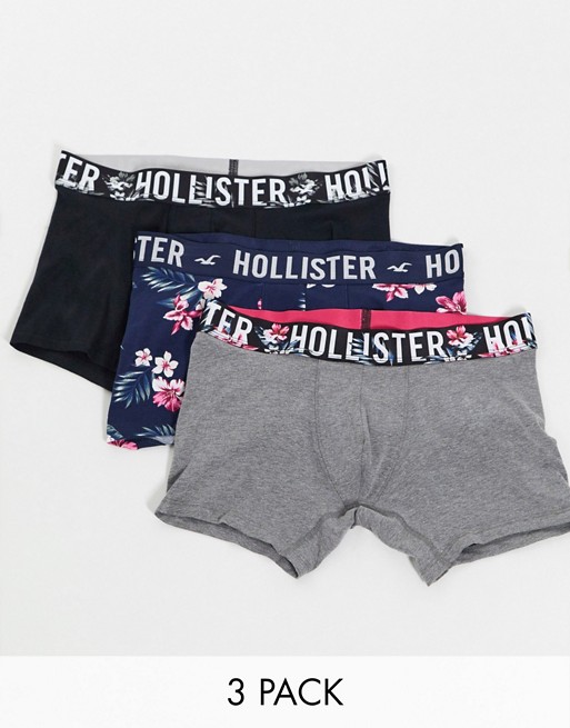 Hollister 3 pack trunks in black/floral/grey with contrasting pattern logo waistband