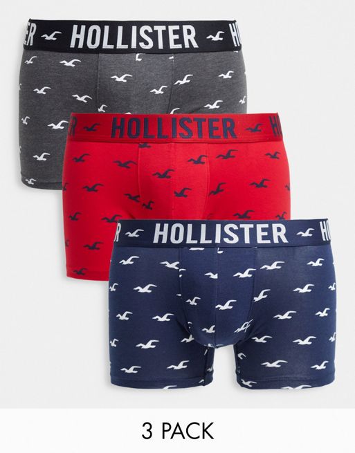 Hollister 3 pack trunks in grey/blue/pink with all over logo | ASOS