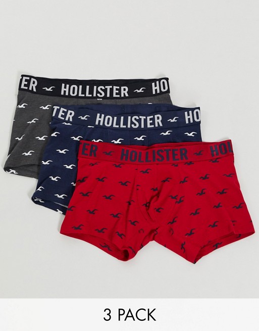 Hollister 3 pack trunks in grey/navy/pink with all over logo and logo waistband
