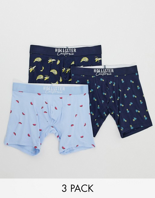 Hollister 3 pack trunks in navy/white with all over prints and logo waistband