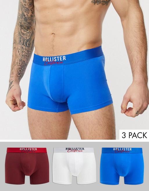 Hollister 3 pack trunks logo contrast waistband in red/navy/blue