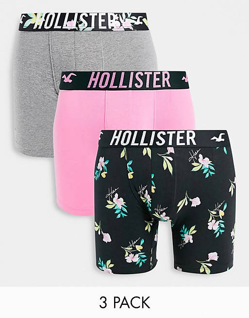 Hollister 3 pack trunks longer length with logo waistband in pink/grey & black print