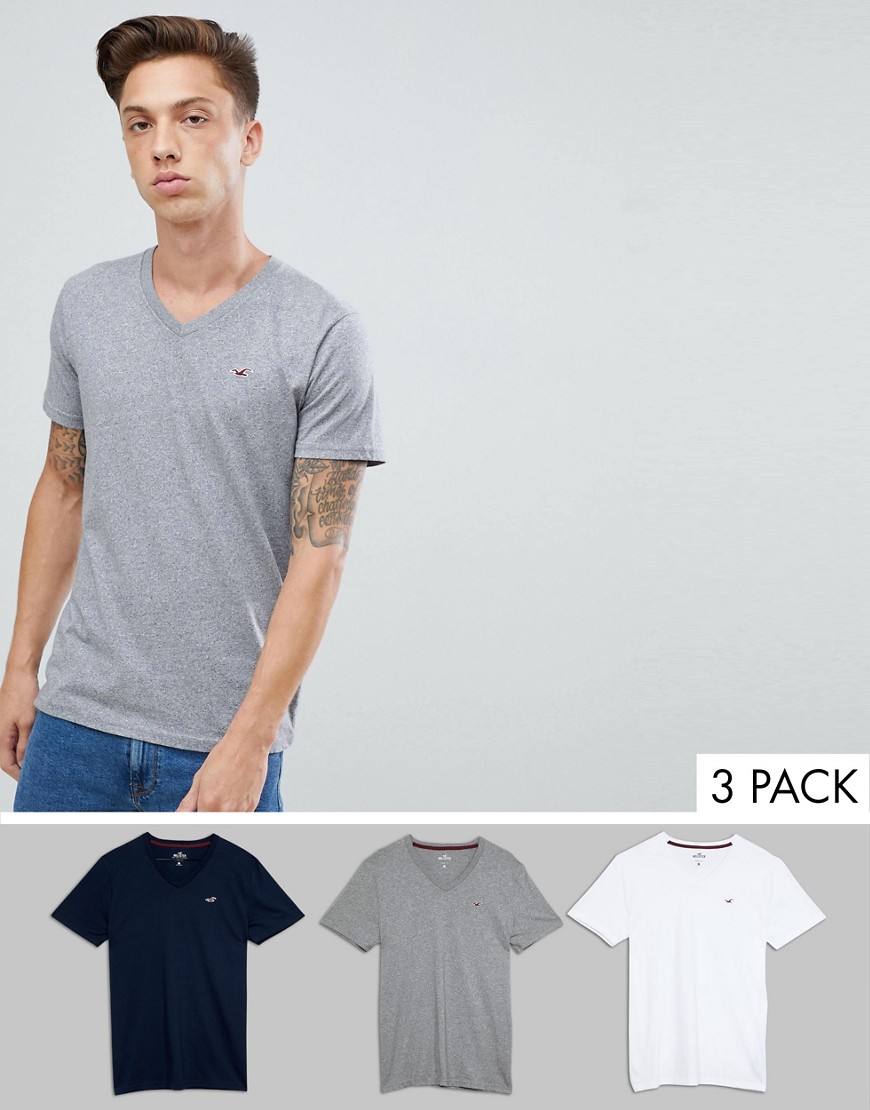 Hollister 3 pack v-neck t-shirt seagull logo slim fit in white/gray/navy-Multi