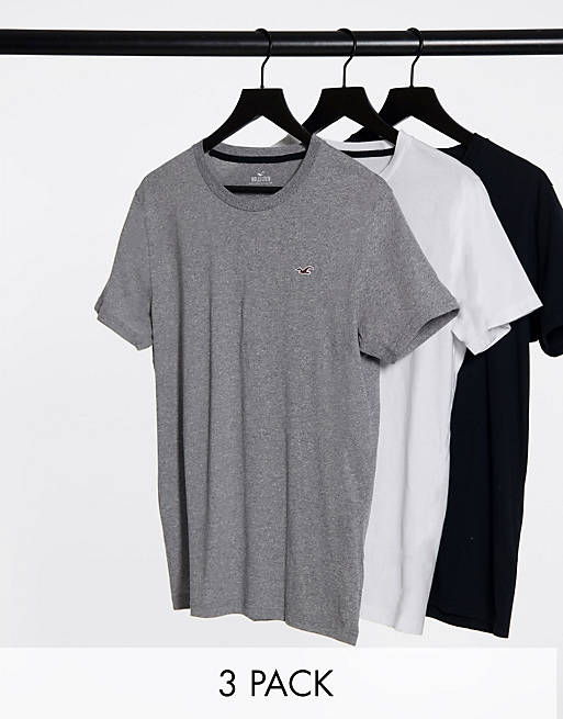 Hollister – 3-pack, vit/svart/gråmelerad baseball-t-shirt med logga